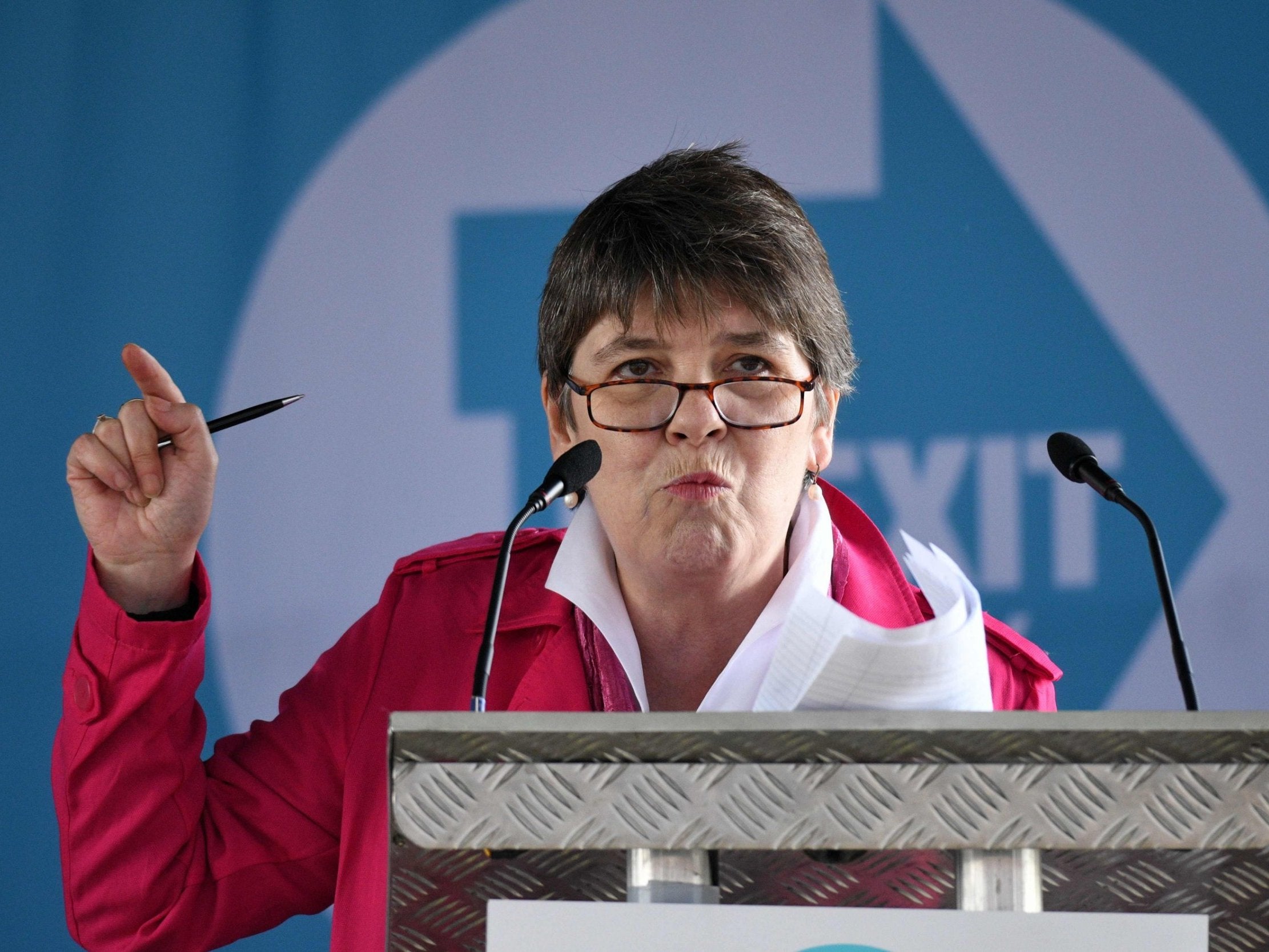 &#13;
Brexit Party candidate Claire Fox speaks during a rally in Fylde, northwest England &#13;