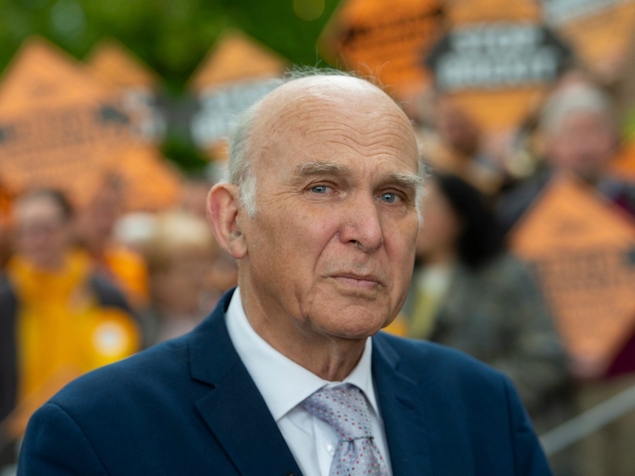 Liberal Democrats leader Sir Vince Cable with activists at the Civic Centre, Chelmsford following the voting in the English council elections