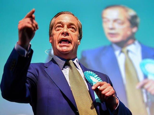Nigel Farage at a rally with the Brexit Partys European election candidates at the Corn Exchange in Edinburgh