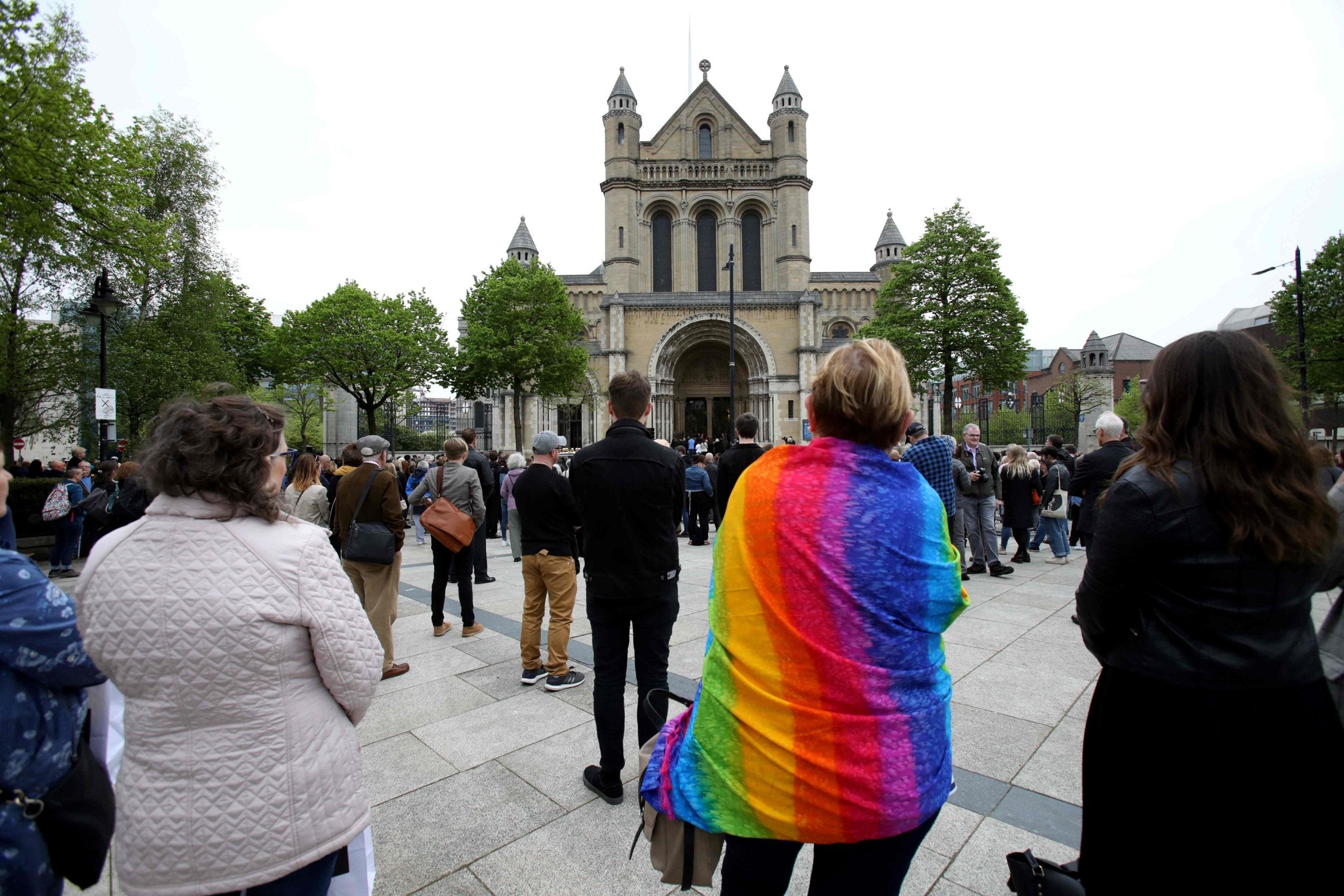 Mourners outside St Anne’s Cathedral in Belfast on 24 April, during the Lyra McKee’s funeral service (AFP/Getty)