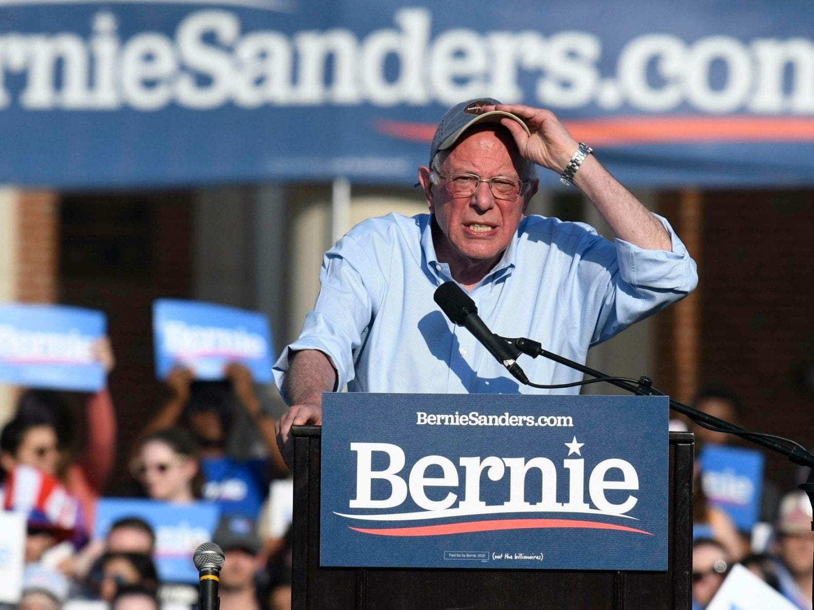 Sen. Bernie Sanders, I-Vt., speaks to the crowd during a rally at Central Piedmont Community College