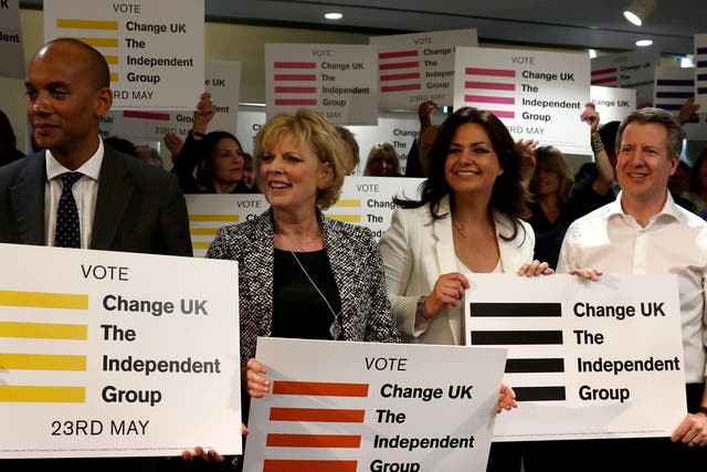 (L-R) Chuka Umunna, Anna Soubry, Heidi Allen and Chris Leslie, all MP's of the new pro-EU political party, Change UK, listen to speeches at the launch of their European election campaign in April