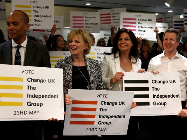 (L-R) Chuka Umunna, Anna Soubry, Heidi Allen and Chris Leslie, all MP's of the new pro-EU political party, Change UK, listen to speeches at the launch of their European election campaign in April