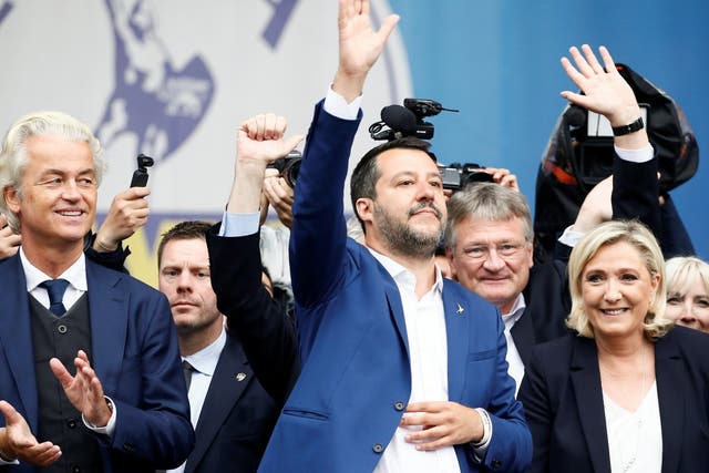 Geert Wilders, leader of Dutch party PVV, Italy's Matteo Salvini and Marine Le Pen, leader of the French National Rally party, at the rally