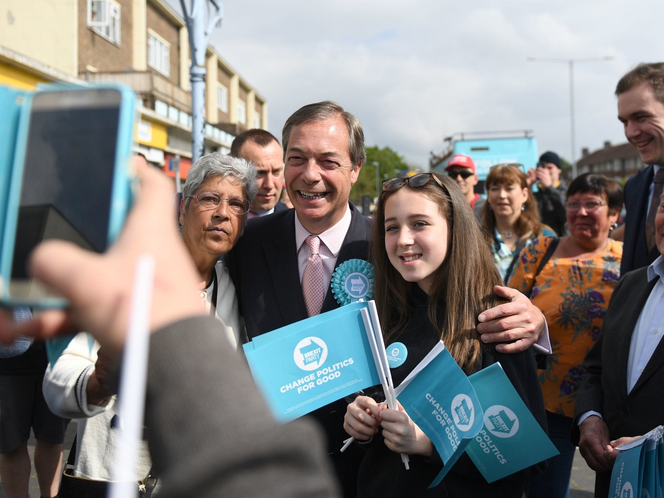 Brexit Party leader Nigel Farage meets supporters in South Ockendon while on the European Election campaign trail
