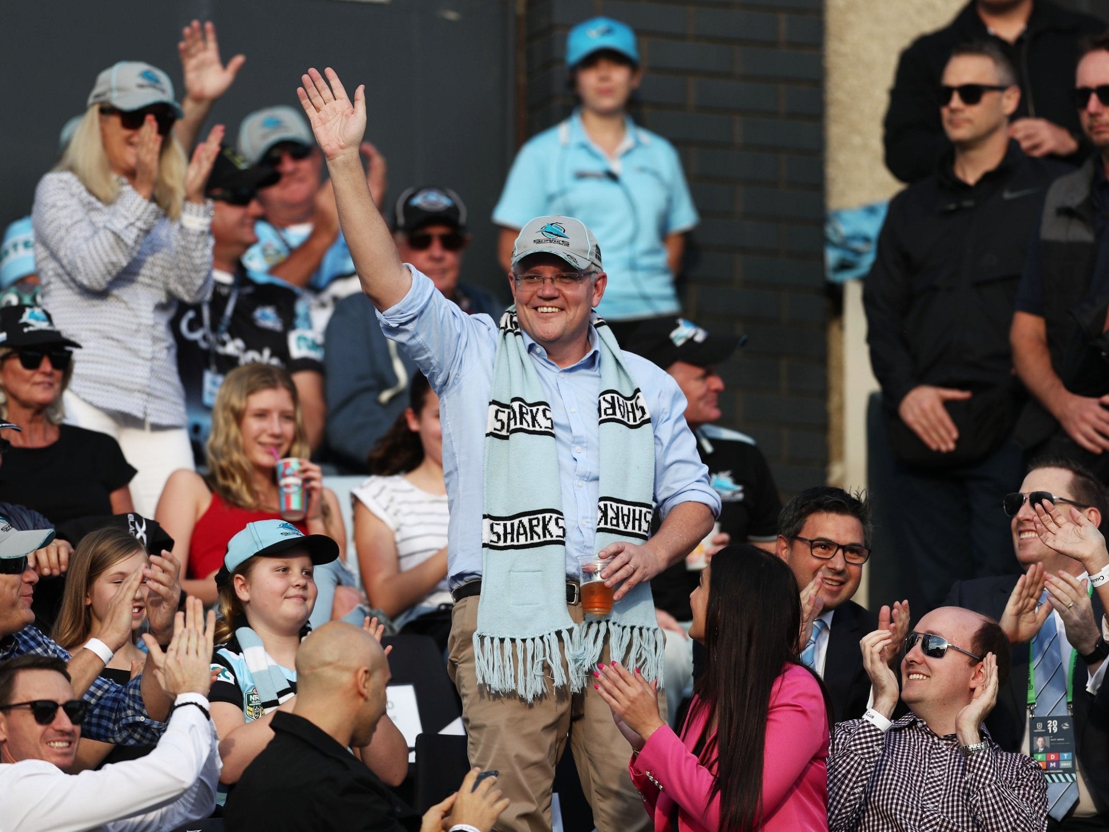 Prime minister of Australia Scott Morrison waves to the crowd during Cronulla Sharks match in Sydney on 19 May 2019.