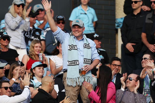 Prime minister of Australia Scott Morrison waves to the crowd during Cronulla Sharks match in Sydney on 19 May 2019.