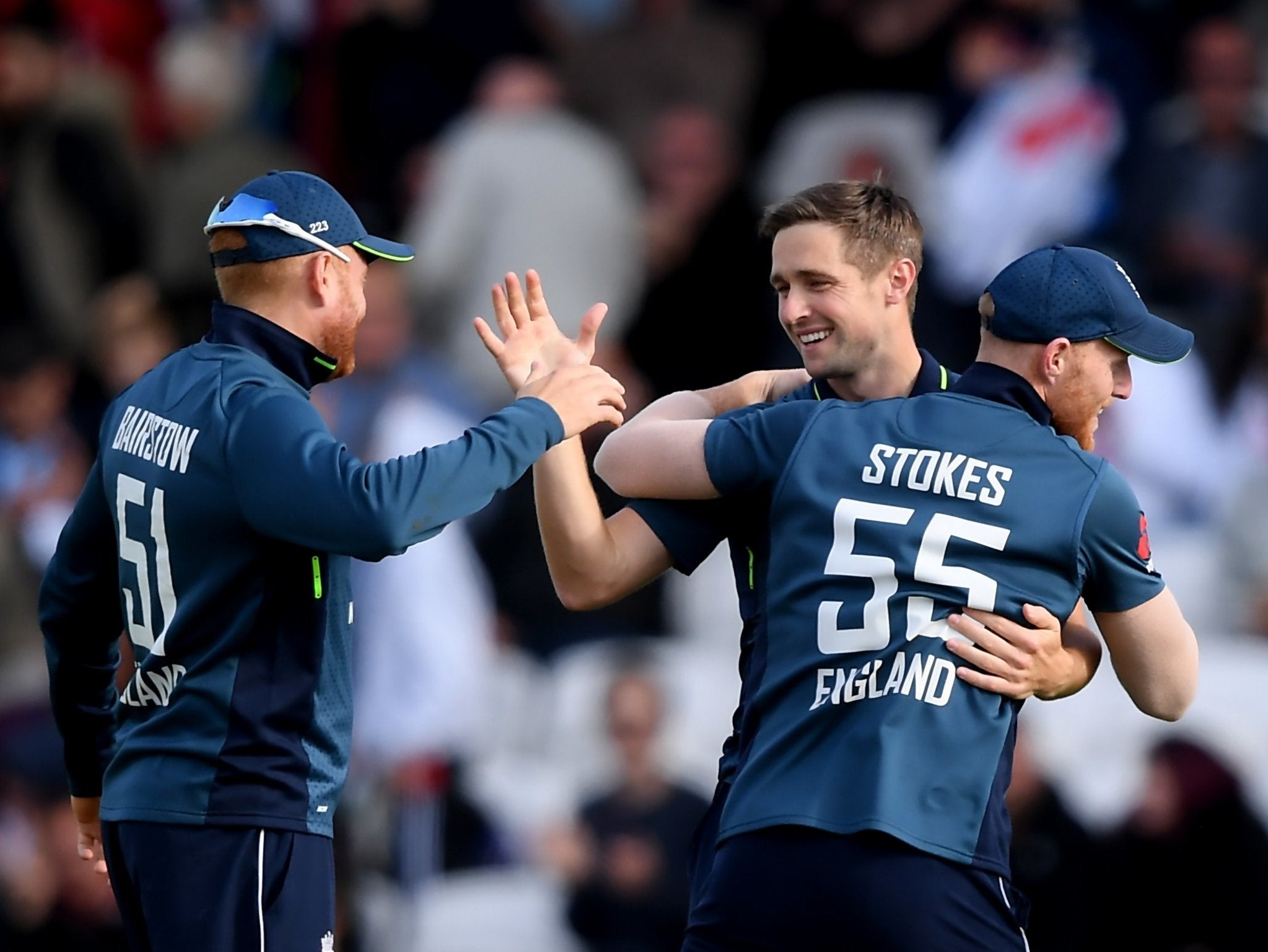 Chris Woakes celebrates his five-wicket haul