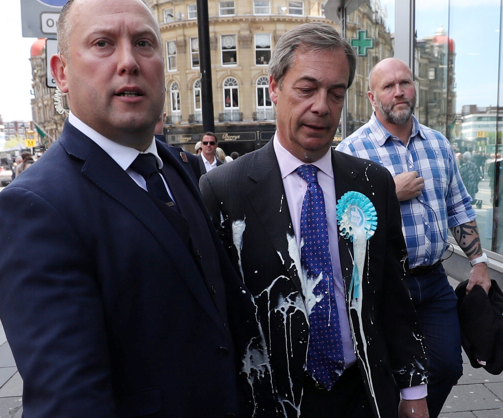 The Brexit Party leader was doused in milkshake in Newcastle on Monday