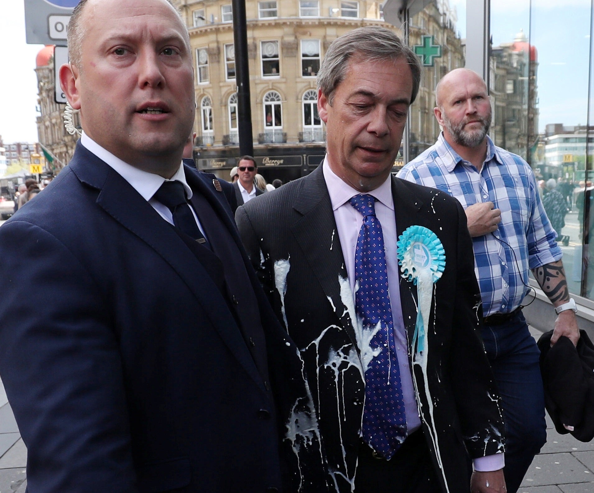 The Brexit Party leader was doused in milkshake in Newcastle on Monday