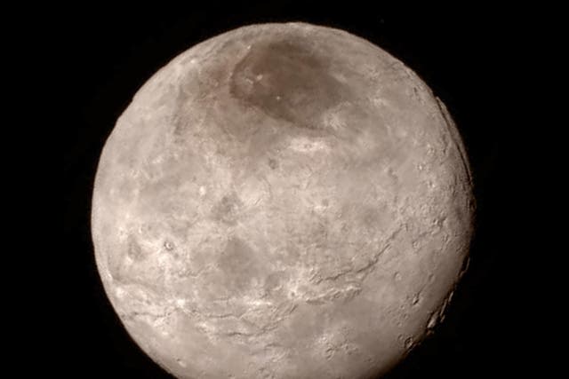 Pluto's largest moon Charon is shown from a distance of 289,000 miles (466,000 kilometers) from the Long Range Reconnaissance Imager (LORRI) aboard NASA's New Horizons spacecraft
