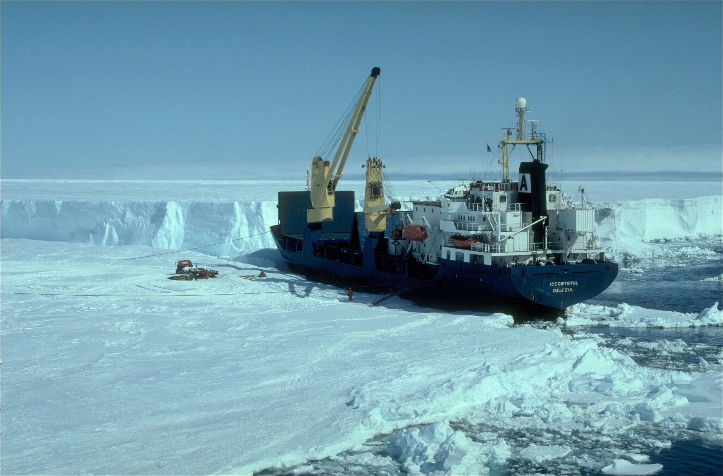Pictured is a German supply ship moored at the edge of an ice shelf in West Antarctica
