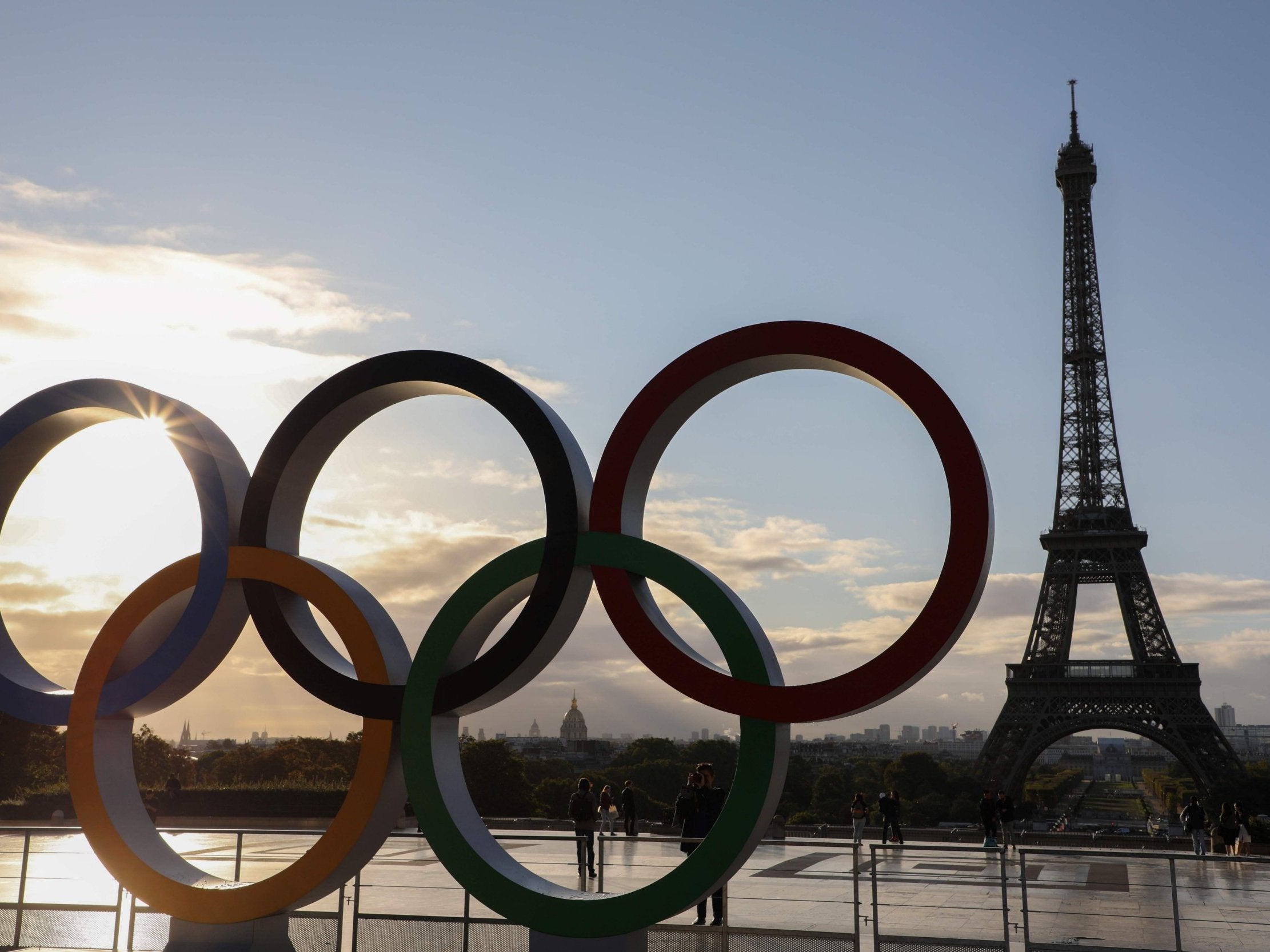 The Olympic rings on the Esplanade du Trocadero near the Eiffel Tower