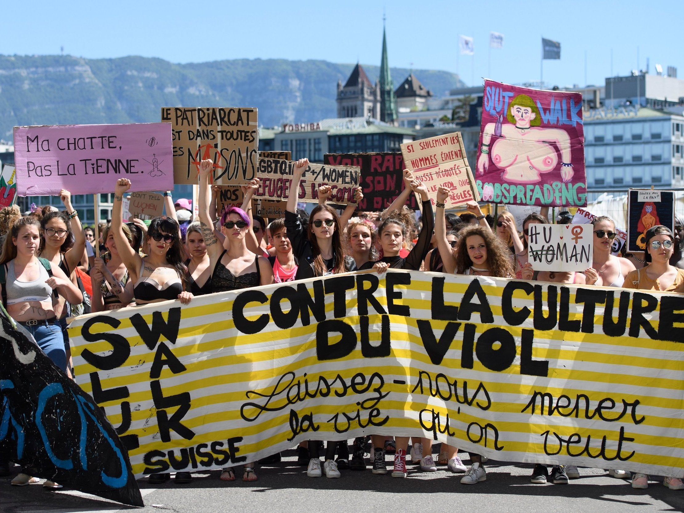 Swiss women in Geneva protest against the country’s rape culture during the 2017 Swiss Slutwalk demonstration