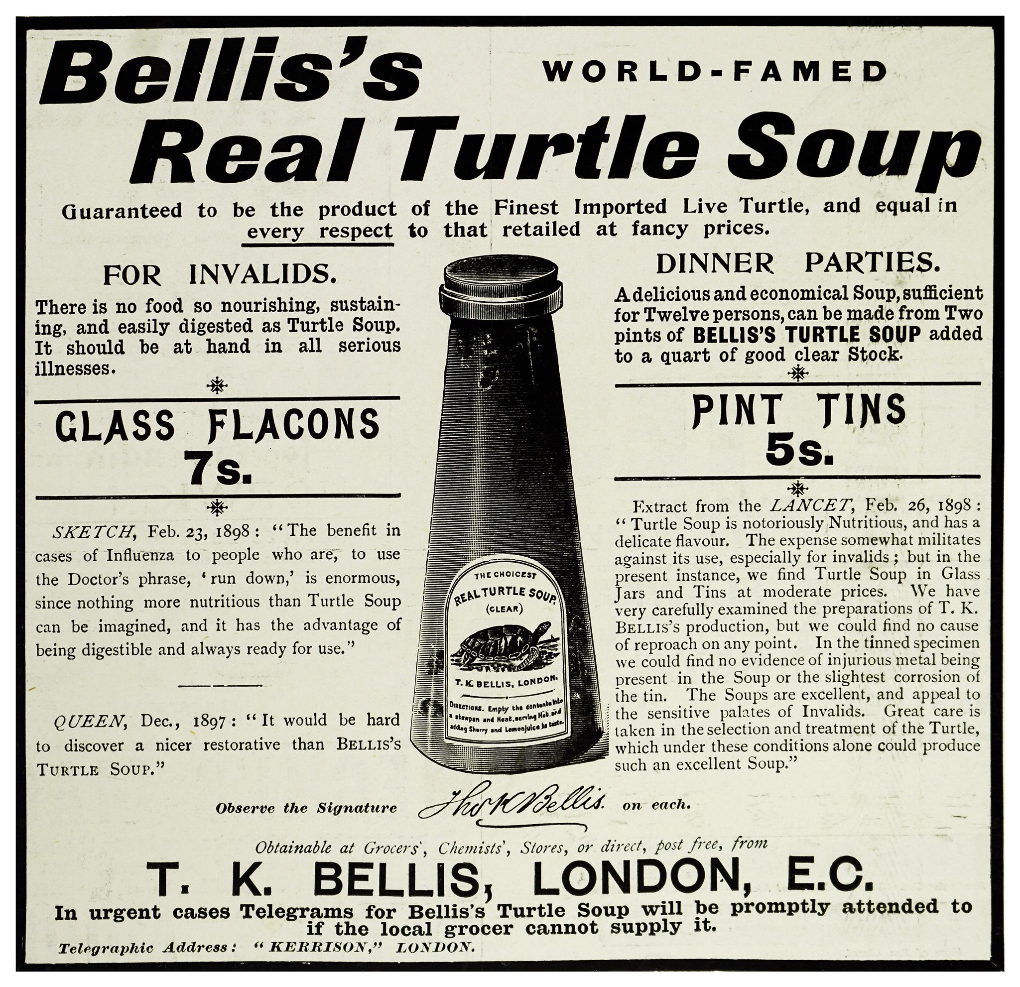 A 19th-century advert for Bellis’s Real Turtle Soup made from green turtle