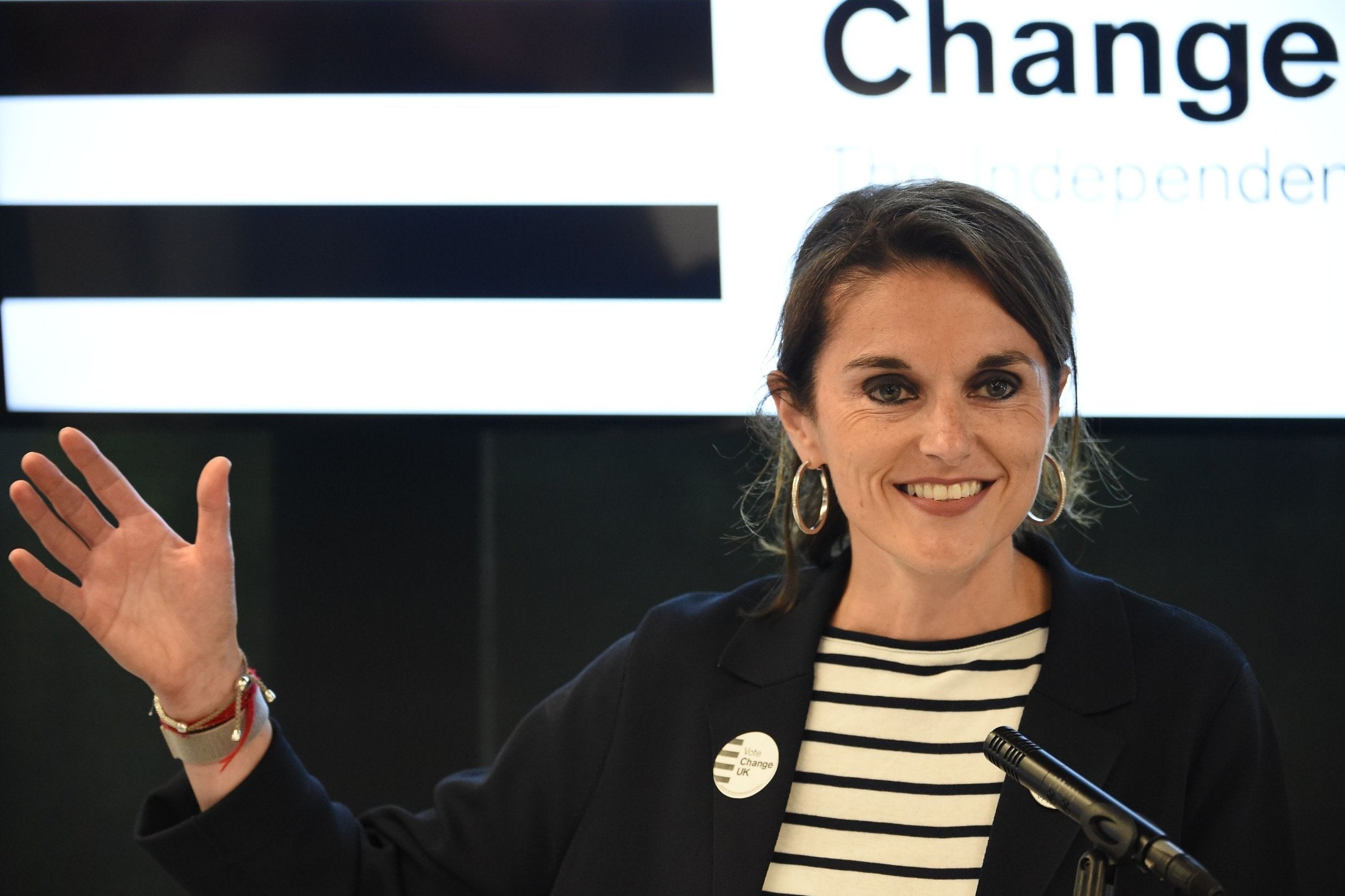 Andrea Cooper speaks during a European Parliament election campaign rally at the Manchester Technology Centre