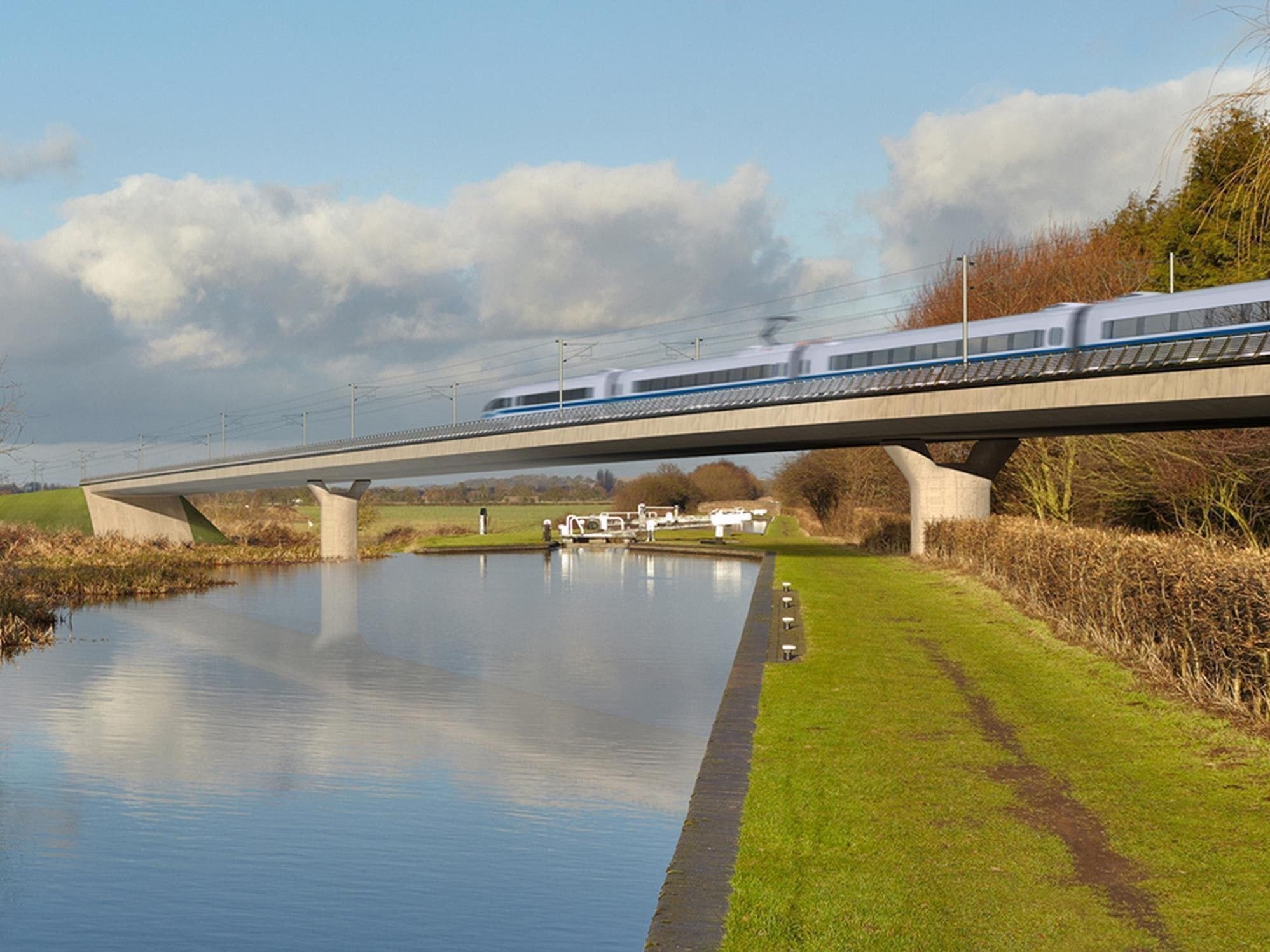 An artist's impression of an HS2 train on the Birmingham and Fazeley viaduct, part of the proposed route for the Northern Powerhouse rail scheme