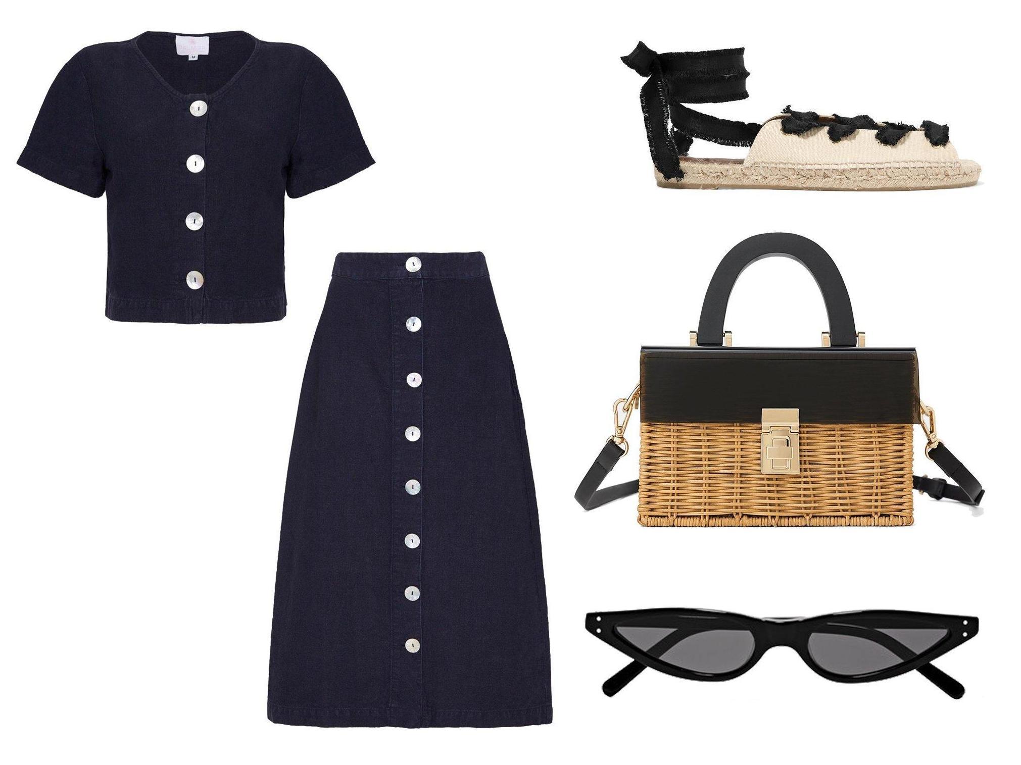 Palmier London Ellie top: £62, Palmier London Nikki skirt: £90, Castañer Pippa 10 canvas espadrilles: £110, Zara plaited city bag with methacrylate flap: £39.99, George Keburia cat-eye acetate sunglasses: £145.