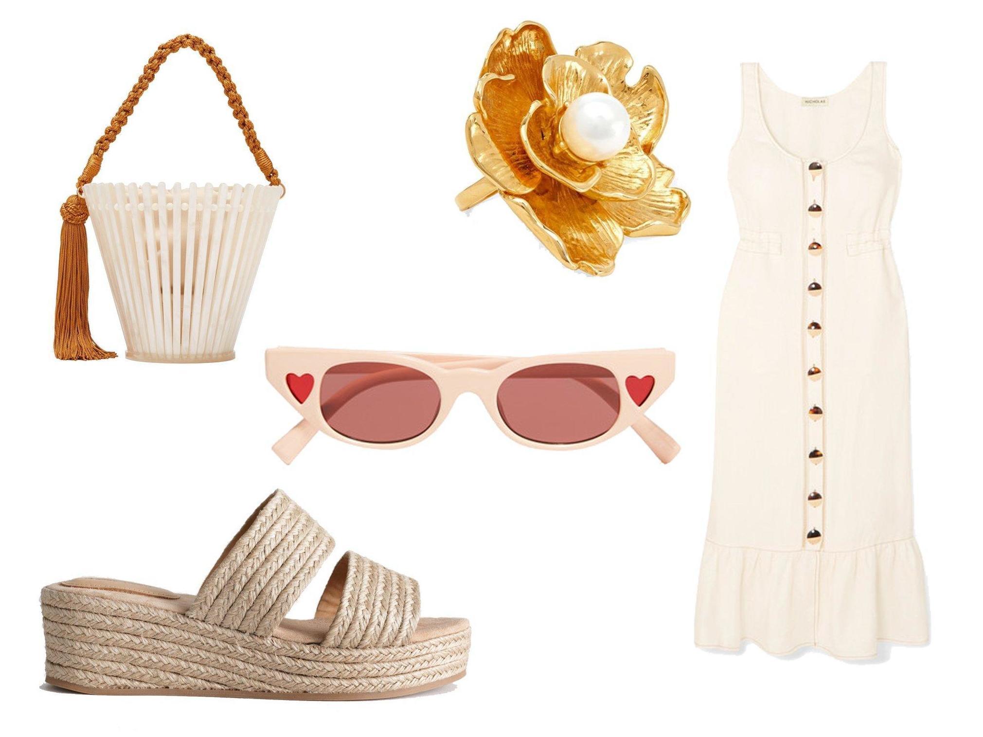 Montunas Lirio Trellis acetate bucket bag: £365, &amp; Other Stories duo strap woven jute wedges: £59, Kenneth Jay Lane gold-tone faux pearl ring: £75, Le Specs + Adam Selman The Heartbreaker cat-eye acetate sunglasses: £75, Nicholas Linen midi dress: £425.