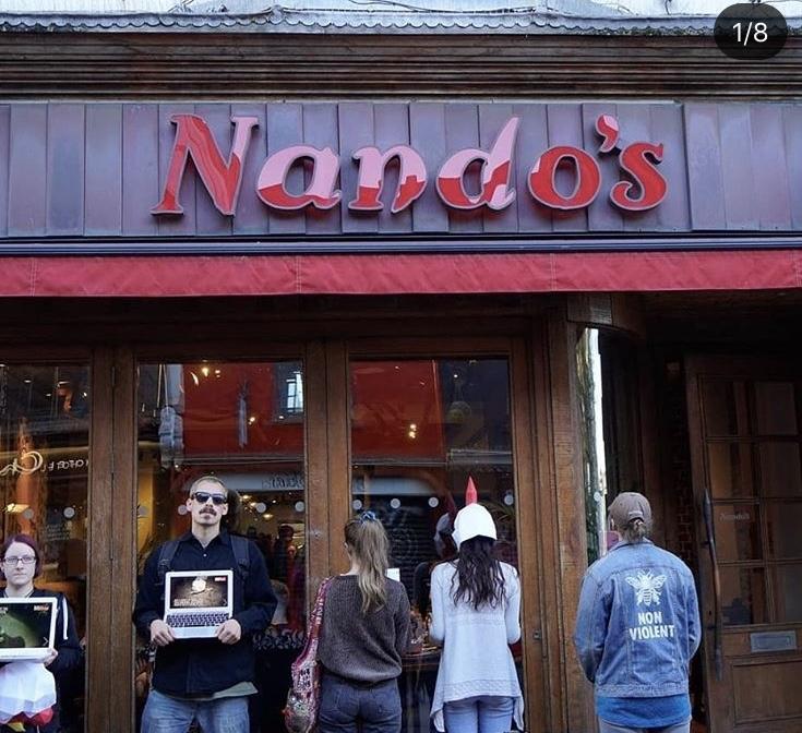 Vegan protestors showed videos of chicken farms in Nando's on Wednesday (Occupy Nando's)