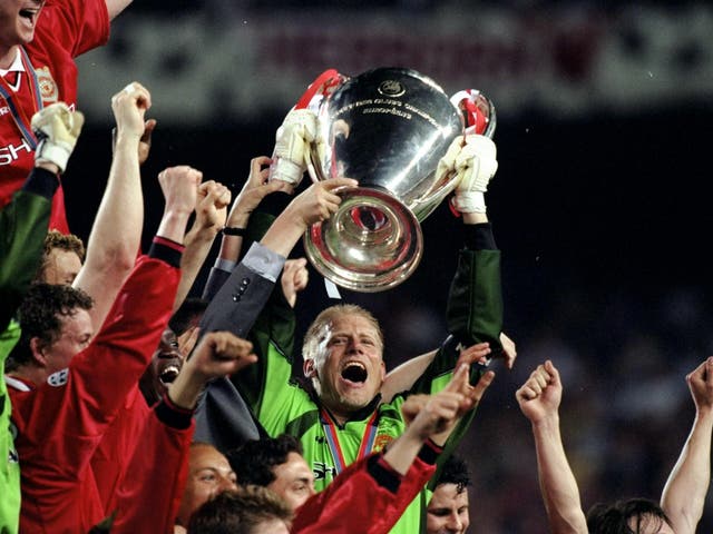 Peter Schmeichel captain of Manchester United in his final game