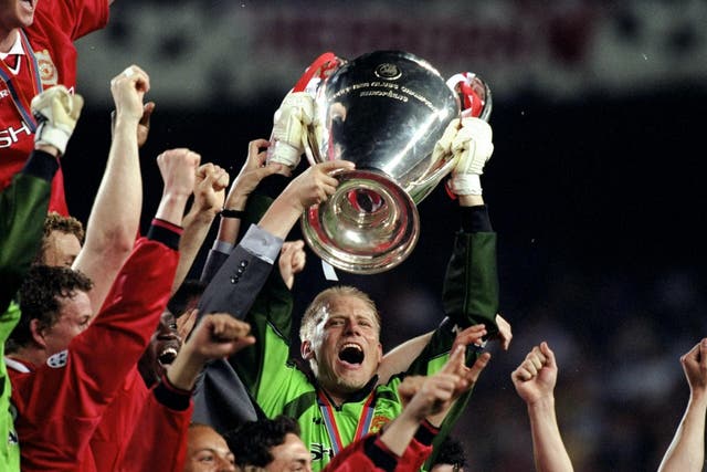 Peter Schmeichel captain of Manchester United in his final game