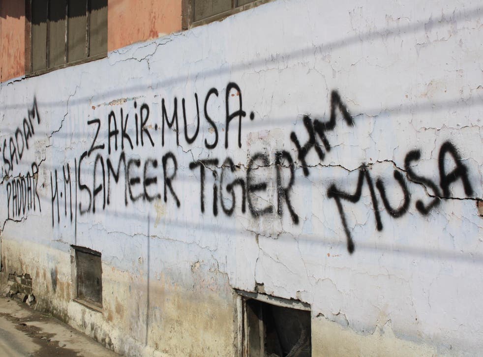 Fresh graffiti on a wall in Srinagar shows the names of ‘Sameer Tiger’ – a slain militant, ‘HM’ for the group Hizbul Mujahideen and twice the name of Zakir Musa, who was killed on Thursday night
