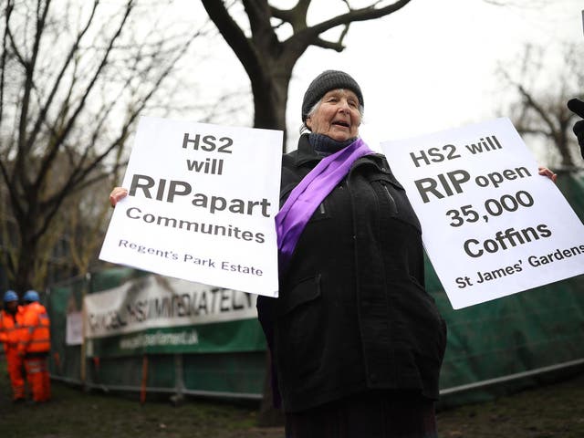 Anti-HS2 demonstrators gather outside London’s Euston station