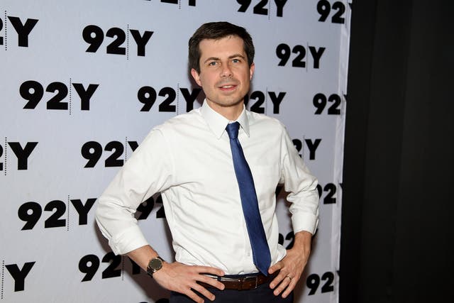 Pete Buttigieg poses backstage before an appearance at the 92nd Street Y on Wednesday, May 22, 2019, in New York