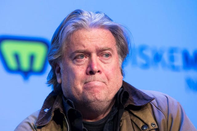 Former White House chief strategist Steve Bannon gestures during the Nordic Media Festival