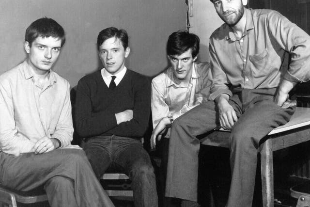 Here are the young men: (from left) Ian Curtis, Bernard Sumner, Stephen Morris and Peter Hook
