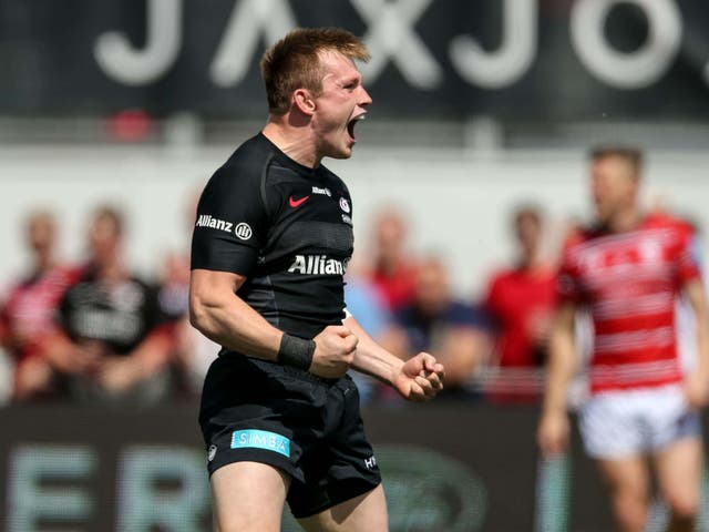 Nick Tompkins celebrates scoring Saracens’ fourth try