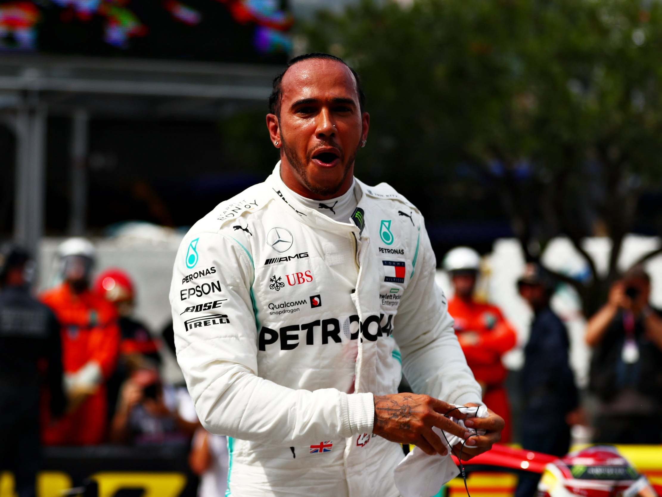 Lewis Hamilton celebrates clinching pole position