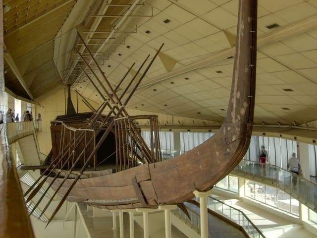 The Khufu Ship, now reconstructed, on display in the Giza Solar Boat Museum by the Great Pyramid of Giza