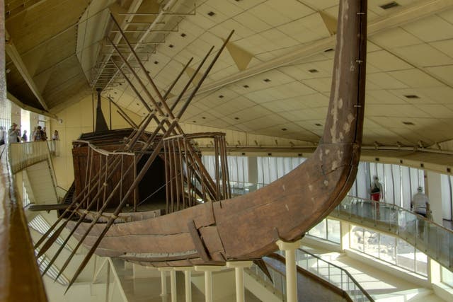 The Khufu Ship, now reconstructed, on display in the Giza Solar Boat Museum by the Great Pyramid of Giza