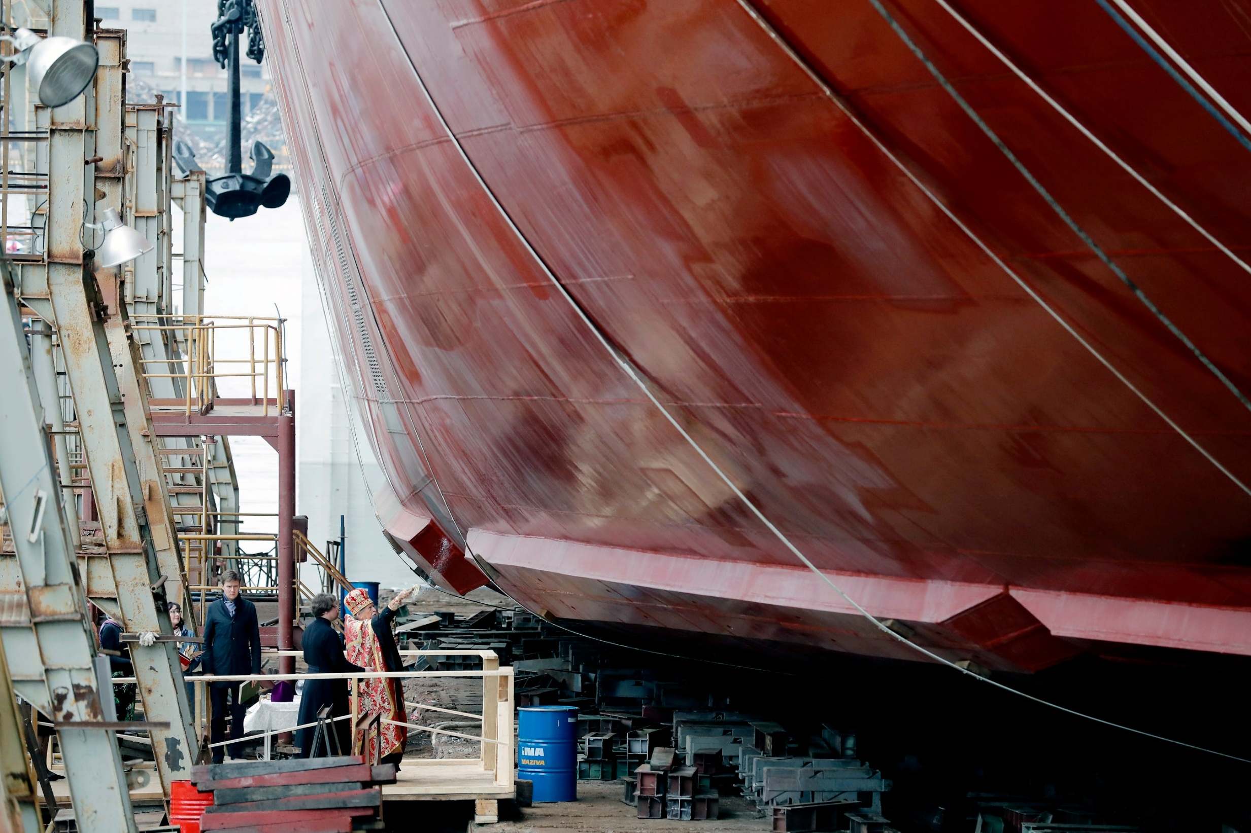 An Orthodox priest blesses the new Russian icebreaker ‘Project 22220’, ‘Ural’, the world’s largest universal nuclear-powered vessel