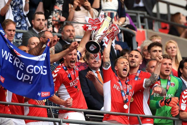 Charlton celebrate winning the League One play-offs against Sunderland to earn promotion to the Championship