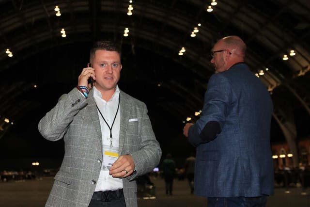 Tommy Robinson the independent candidate arrives ahead of the result in the European Parliamentary elections count at the Central Convention Complex