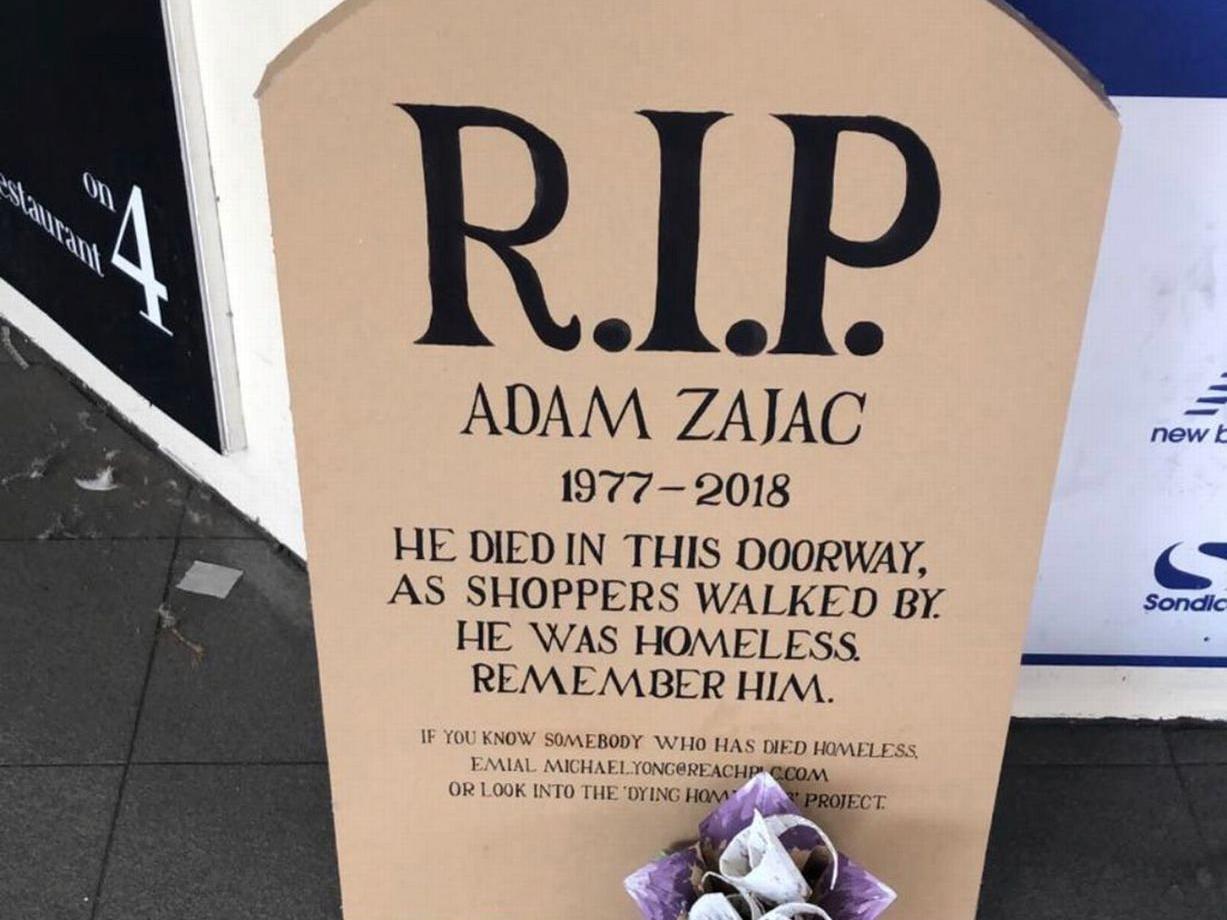 The gravestone honours Adam Zajac, who died of acute alcohol toxicity outside a Debenhams store last February