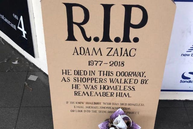 The gravestone honours Adam Zajac, who died of acute alcohol toxicity outside a Debenhams store last February
