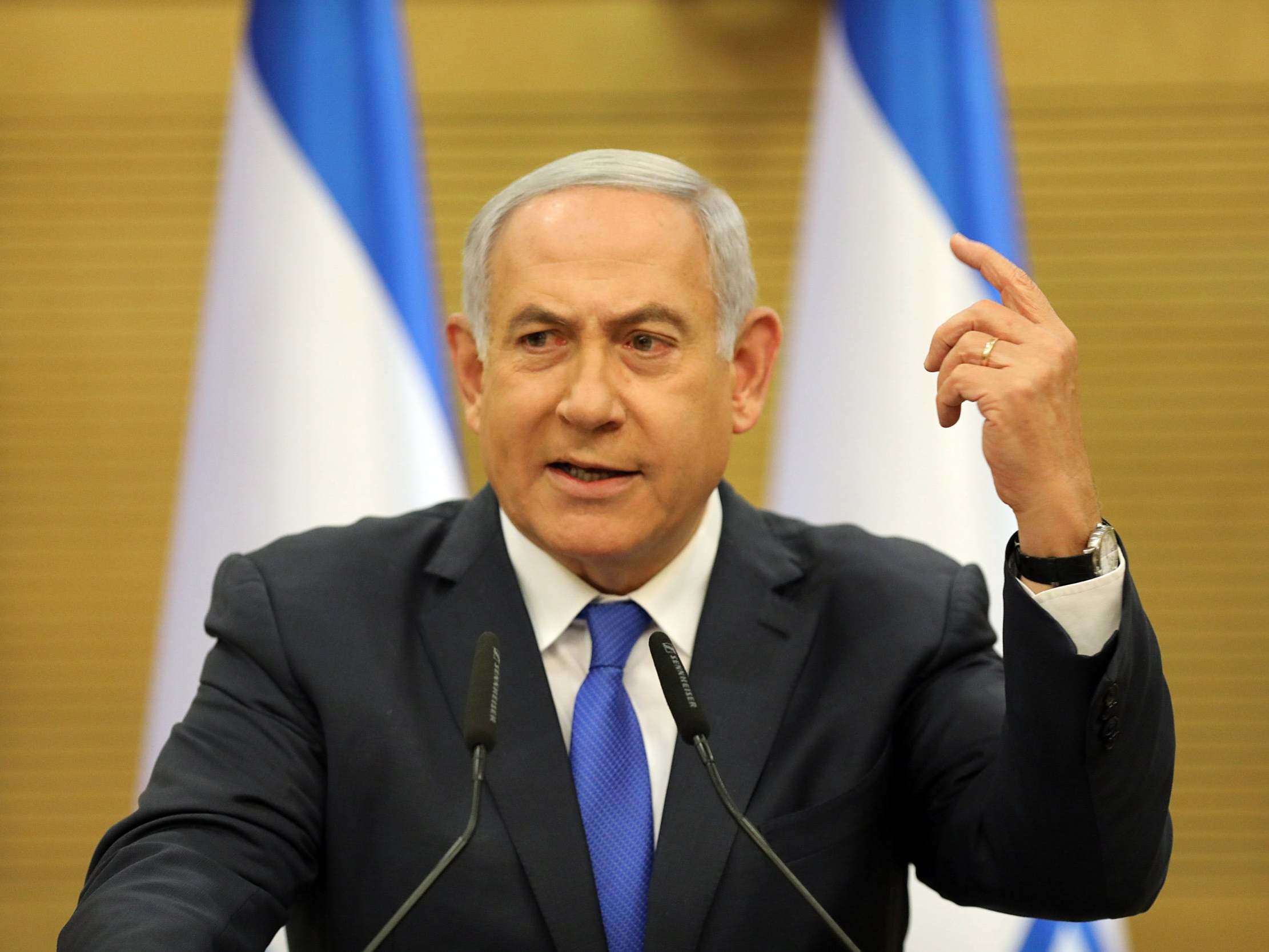 Benjamin Netanyahu delivers a statement in the Israeli parliament on 27 May 2019