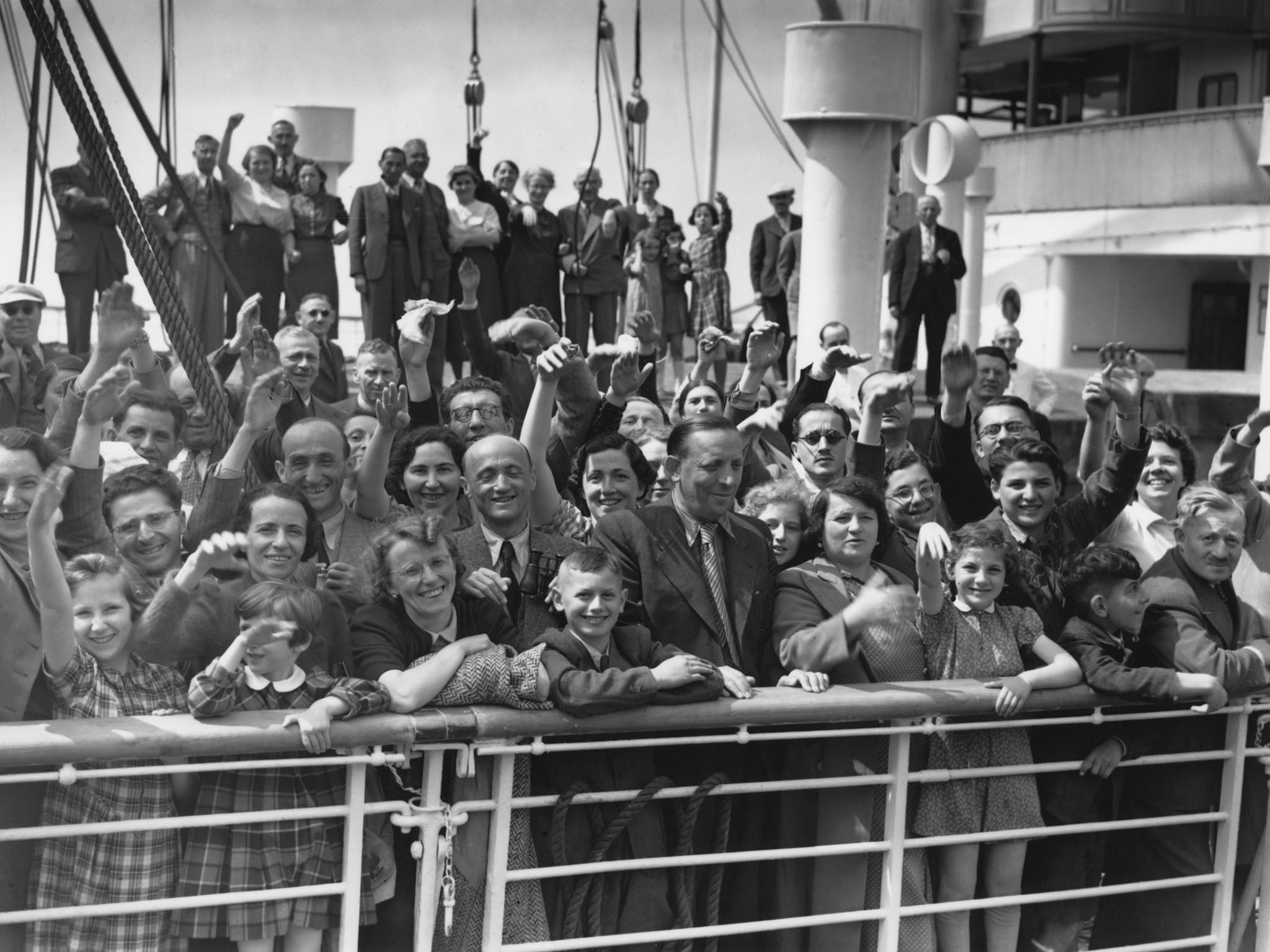 Some of the 900 German Jewish refugees aboard the MS St Louis on arrival at Antwerp in June 1939. Most were later deported (Getty)