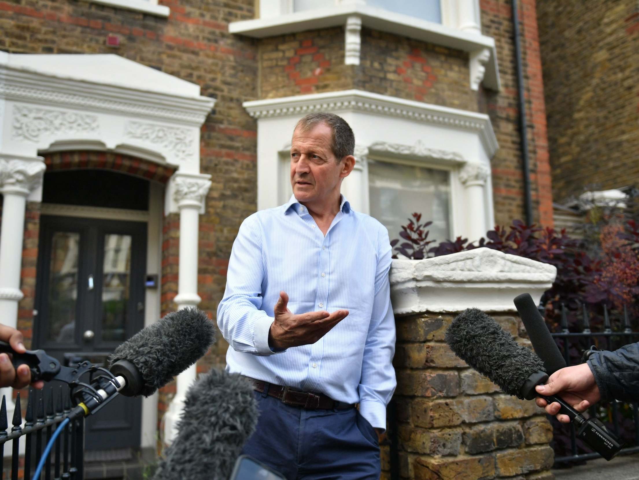 Alastair Campbell speaks to the media outside his home in north London after he was expelled from the Labour Party in May