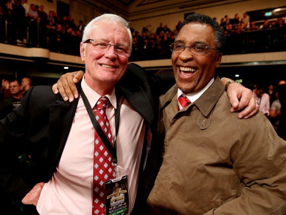 Barry Hearn with Michael Watson at Anthony Joshua’s third professional fight