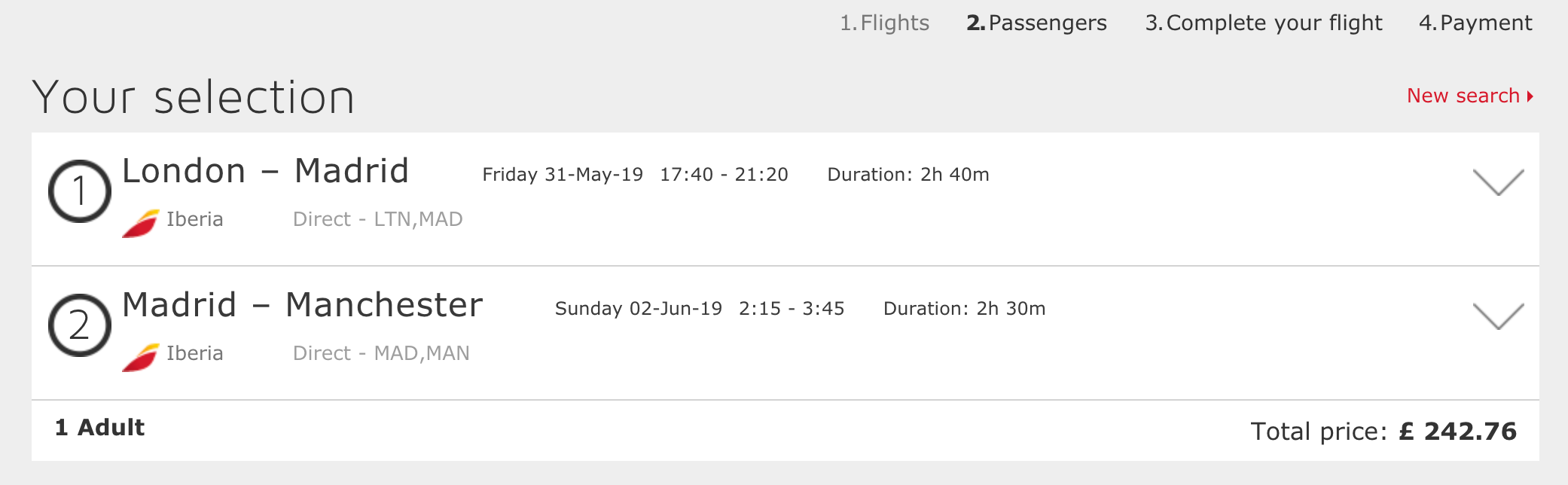 Transfer fee: screenshot of a test booking made by The Independent for flights between the UK and Madrid