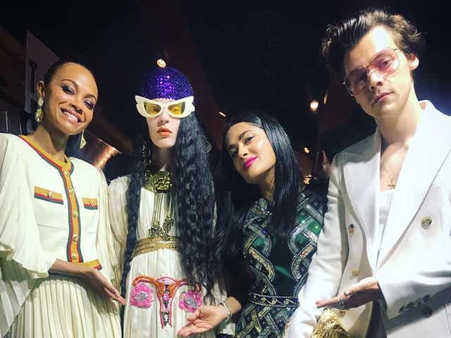 Zoe Saldana, Salma Hayek, Harry Styles and a model at the Gucci Cruise 2020 show in Rome