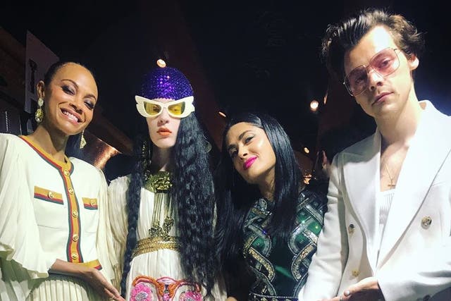 Zoe Saldana, Salma Hayek, Harry Styles and a model at the Gucci Cruise 2020 show in Rome