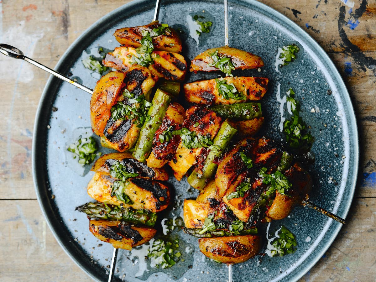 Harissa potato, halloumi and asparagus with coriander and lemon oil skewers