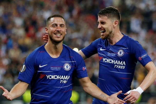Hazard celebrates scoring vs Arsenal in the Europa League final