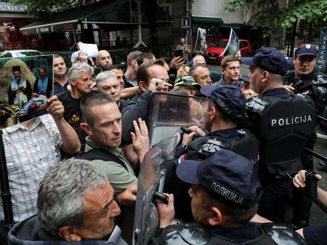 Serb ultranationalists scuffle with police during a protest in Belgrade, Serbia
